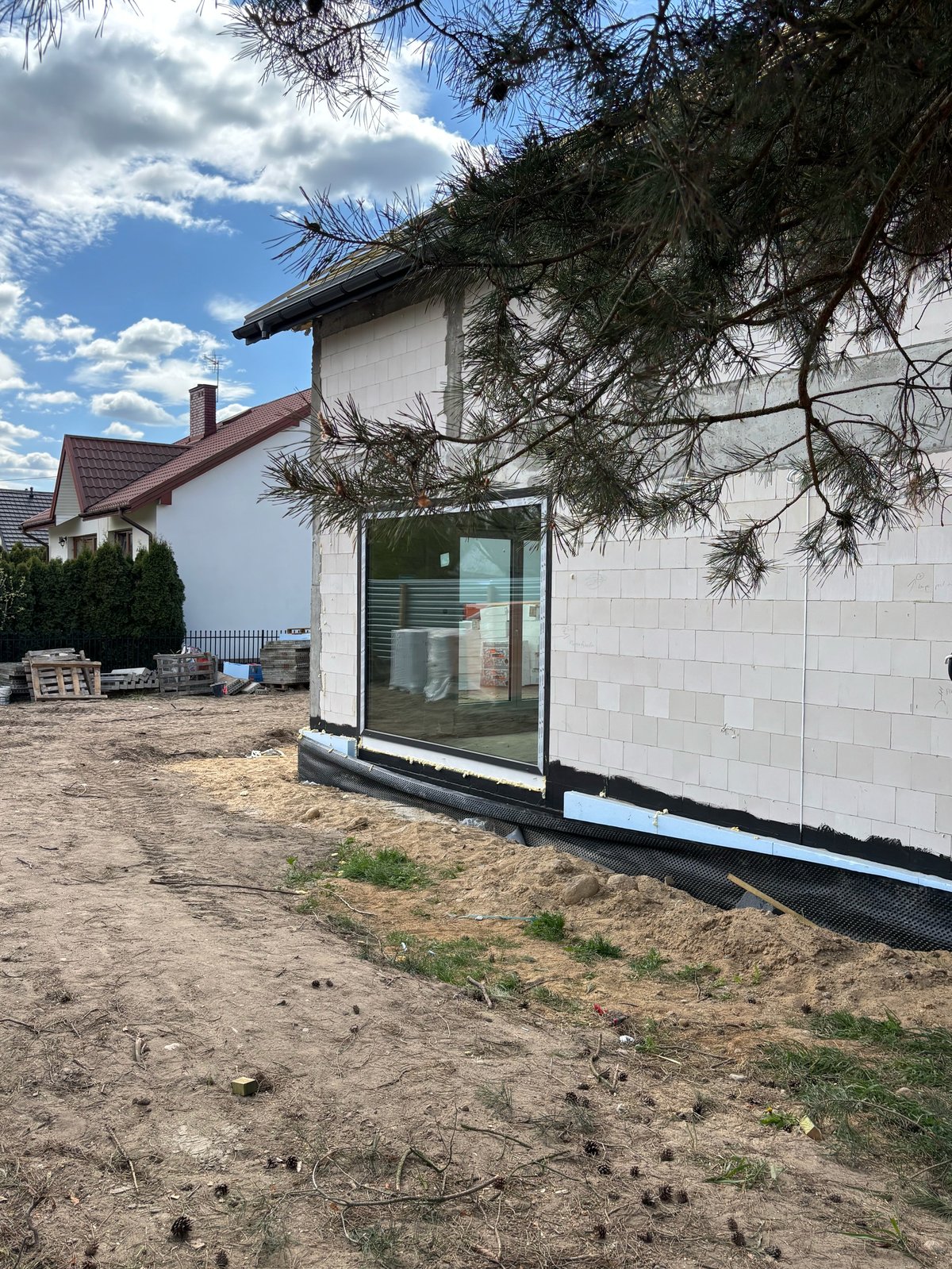 Modern white house extension with large green-framed window and dark foundation, surrounded by sandy yard and pine tree branches overhead